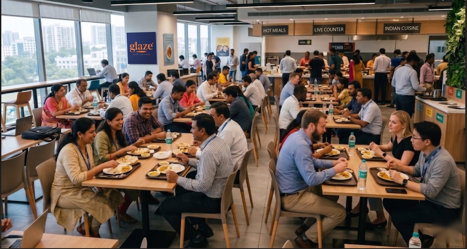 A modern, sunlit corporate cafeteria operated by Glaze Foods — employees enjoying meals at communal tables, with live counter, hot meals, and Indian cuisine stations in the background.