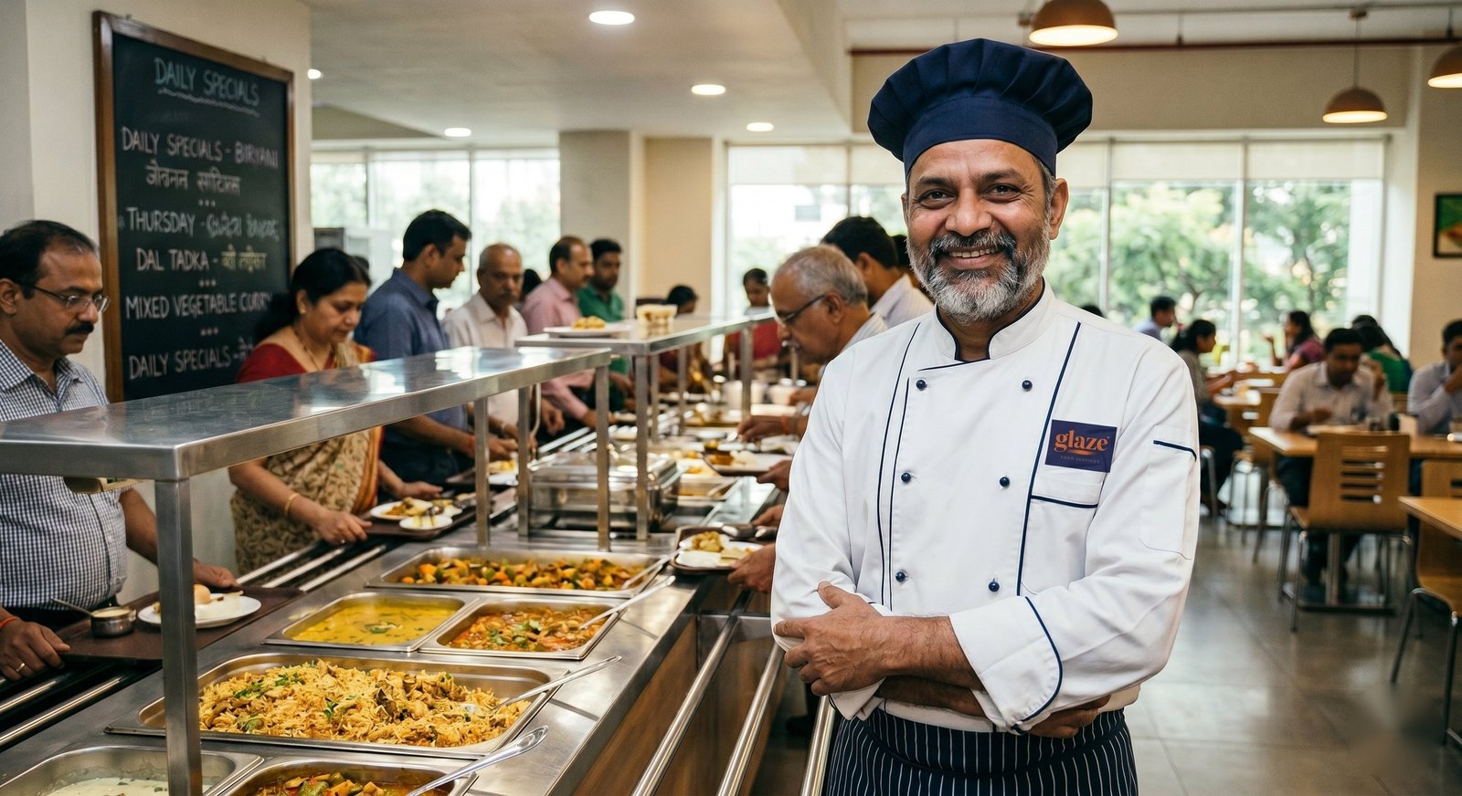 A Glaze Foods chef standing proudly at a buffet counter, with corporate diners being served daily specials — biryani, dal tadka, mixed vegetable curry — in the background.
